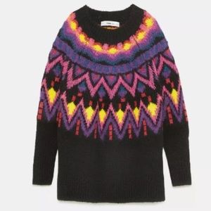 NWT ZARA WOOL BLEND KNIT LONG JACQUARD SWEATER M